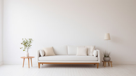 an empty living room featuring a white couch and a window, showcasing the anti-clutter and minimalist design style. the room exudes a calming symmetry with its earthy palette and monochromatic color schemes. the white background enhances the subtle color palette, predominantly consisting of soothing earth tones. ai generatedの素材