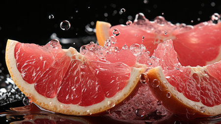 water splashes onto the surface of the fruits, creating a visually stunning image in the style of pinkcore. this detailed hyperrealistic photograph was captured using a topcor 58mm f14 lens and enhanced with softbox lighting in light orange and silver tones. the composition features jagged edges and rounded shapes, adding an intriguing element to the overall aesthetic. ai generatedの素材