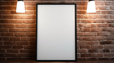 blank white portrait-orientation picture frame with white canvas hanging on brick wall with drop lights. dark gray and black, confycore, handsome, clay mann, thriftcore. ai generatedの素材