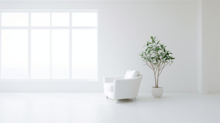 a white couch and chairs are placed near a white window in this 3d rendering stock photo. the photo showcases a minimalist style, influenced by japanese minimalism and zen buddhism. the staging is minimalistic, with a focus on detailed foliage and a pensive stillness. ai generatedの素材