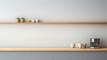 coffee maker and mugs on a white counter against a wall, showcasing a minimalistic japanese style. the realistic rendering captures the essence of donald judd's aesthetic, with a color palette of light gray and light brown. the design is reminiscent of the renowned architect john pawson, while also incorporating elements of bess hamiti's installation-based approach. ai generatedの素材