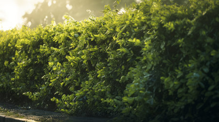 two tall hedges walk near the road, bathed in the emerging sun. this backlit photograph, captured with the olympus m.zuiko digital ed 45mm f/1.2 pro lens, showcases photorealistic detail. the highly detailed foliage, captured by joel robison, exudes a mesmerizing glowwave effect reminiscent of robert bateman's style. ai generatedの素材