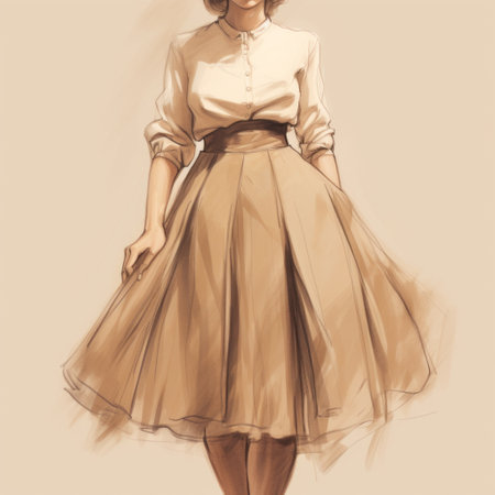 a woman wearing a beige skirt and white shirt is depicted in this digital painting. the artwork showcases a retro-style with dynamic sketching techniques and contrasting light and dark tones. the traditional color scheme adds to the overall beauty of the composition. ai generatedの素材