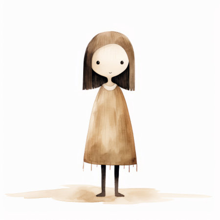 a girl with brown hair stands on a white background, portrayed in the style of watercolor-like washes. the artwork features quirky cartoonish characters, reminiscent of anton semenov's work. the soft minimalism of the piece creates a soothing atmosphere. the isolated figure, inspired by the art of goro fujita, adds a touch of intrigue to the composition. ai generatedの素材