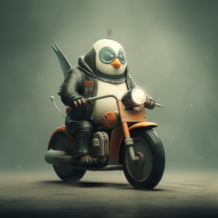 a penguin with human-like eyes is captured riding a motorcycle in this dreamlike image rendered in cinema4d. the artwork showcases the imaginative and fantastical creatures created by artists such as jakub schikaneder, ryan hewett, and tiago hoisel. the playful and streamlined forms of the penguin and motorcycle are accentuated by the dotted details. ai generatedの素材
