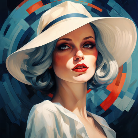 a woman named cyber is depicted in this speedpainting, wearing a white hat. the artwork showcases a retro hollywood glamour style, with cubist-inspired portraits and fluid color combinations. the dominant colors used are dark white and blue, creating a realistic and visually appealing color scheme. the focus of the painting is on the beauty of women. ai generatedの素材
