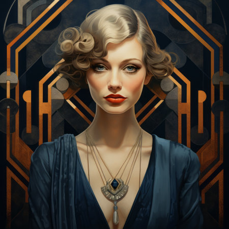 a beautiful woman in a blue jacket poses against a background featuring golden, art deco geometric designs. the portrait showcases realistic and hyper-detailed renderings, capturing the classic essence of portraiture. the darkly detailed backdrop adds a touch of intrigue, with spirals and a manticore motif completing the captivating composition. ai generatedの素材