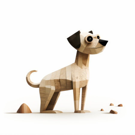 a 2d illustration of a wooden dog standing in front of a small block. the illustration is done in the style of faceted shapes, finely rendered textures, and deconstructed objects. it is reminiscent of the works of martin rak, featuring sparse and simple elements with a touch of childlike illustrations. the focus is on the carving and the overall composition. ai generatedの素材