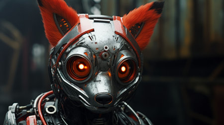an orange dressed fox wearing a metal suit with glowing eyes stands out in a photorealistic urban scene. the vray tracing technique enhances the dark gray and red tones, creating a captivating atmosphere. the adafruit technology and macro lens capture the intricate details of the fox's playful expression and facial features. ai generatedの素材