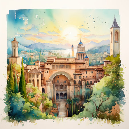 a watercolor illustration showcasing the historical buildings in spain. this artwork, done in a sunray-inspired style, captures the essence of reimagined religious art with mosaic-inspired realism. the lush scenery and intricate details transport viewers to a museum gallery diorama, where the arabesque elements add a touch of elegance. ai generatedの素材