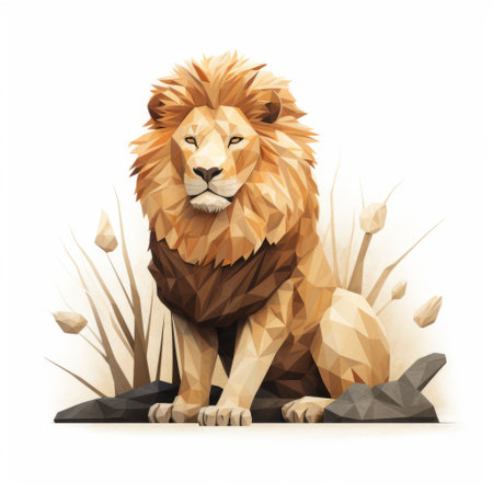 a cartoon lion, depicted in polygons, sits wearing a red shirt. the lion is surrounded by a highly detailed foliage, with a mix of light beige and dark amber colors. the style of the artwork resembles realistic landscape paintings, showcasing a combination of stark minimalism and organic sculpting. the composition is eye-catching, with highly detailed figures. ai generatedの素材
