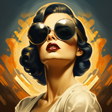 the girl with sunglasses is wearing a vintage era jacket and sunglasses, reminiscent of martin ansin's aggressive digital illustration style. the jacket also reflects the influence of carrie graber and the works progress administration (wpa). the sunrays shining upon her add a blink-and-you-miss-it detail, similar to the works of karol bak. ai generatedの素材