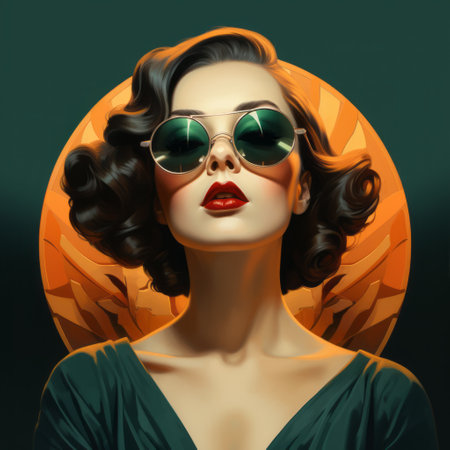 a stylized lilac circle serves as the retro art background, featuring vibrant red and yellow colors. the artwork, reminiscent of daz3d, showcases realistic portrait drawings with a striking juxtaposition of light and shadow. drawing inspiration from art deco sensibilities, the piece highlights the beauty of women, incorporating dark green and orange tones for a captivating effect. ai generatedの素材