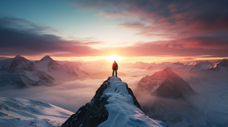 man standing on top of a mountain at sunset, exuding success and motivation. the photo captures the calming and introspective aesthetic of artists like elizabeth gadd, max rive, and even mehl amundsen. with its monochromatic and hyperrealistic landscape, the image creates a moody and atmospheric ambiance. ai generatedの素材