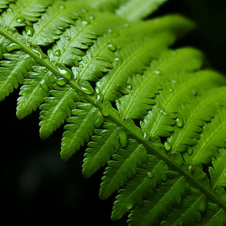 a fern leaf, adorned with raindrops, captured in stunning 8k resolution. this mesmerizing photo, in dark black and emerald tones, showcases the artistic style of lorenz hideyoshi and charles willson peale. with dreamy symbolism and a focus on nature scenes, this creative commons attribution image is a captivating visual delight. ai generatedの素材