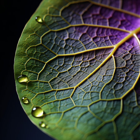 leaves adorned with water droplets are captured in this ultraviolet photography style. the image showcases a colorful moebius, highlighting eco-friendly craftsmanship. the contrasting lights and darks create a visually striking composition, while the high level of meticulous detail emphasizes the organic form of the leaves. ai generatedの素材