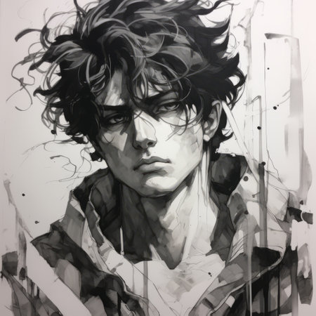 anime series featuring characters with dark hair, inspired by the artistic style of emerico imre toth and klaus pillon. the illustrations showcase monochromatic shadows and dappled brushwork, creating a visually striking and messy aesthetic. the characters exhibit strong facial expressions, reminiscent of the works of jessie arms botke. ai generatedの素材