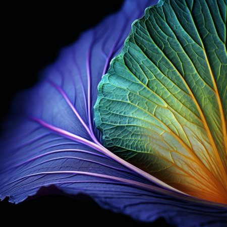 a colorful cabbage, resembling a bioluminescent display, is captured in this national geographic-style photo. the harmonious balance of vibrant hues and intricately textured leaves creates delicate compositions that truly capture the essence of nature. the cabbage's colorful moebius-like patterns add an extra touch of visual interest. ai generatedの素材