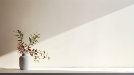 a minimalist still life photo featuring a white room illuminated by a soft yellow light pouring in through a window. the 8k resolution image showcases a blend of light silver and light red tones, with a focus on flower and nature motifs. created by artist duy huynh, this photo embodies the essence of minimalist simplicity with its use of earth tones. ai generatedの素材
