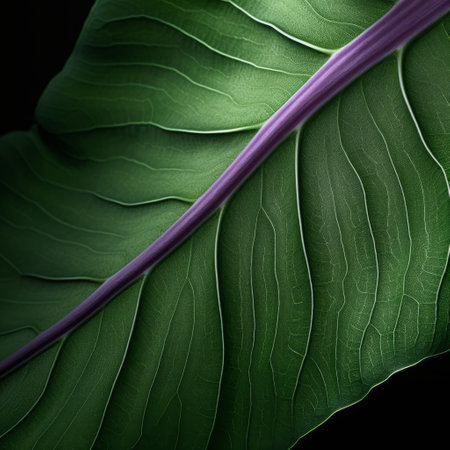 leaves on a black background, captured in a close-up image with photorealistic details. the leaves showcase a beautiful combination of light purple and dark green hues, forming smooth curves. the realistic landscapes with soft edges create an organic sculpting effect. this image, taken with a ricoh gr iii, exudes tropical symbolism. ai generatedの素材
