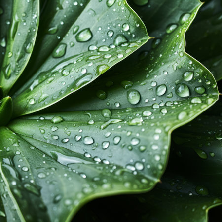 a close-up of a green leaf with water droplets, captured in the style of jessica drossin. this symmetrical arrangement showcases the intricate details of the leaf, enhanced by the use of the tokina at-x 11-16mm f/2.8 pro dx ii lens. the dappled brushwork adds a touch of artistic flair, reminiscent of tropical landscapes. this high-resolution uhd image evokes the elegance of georg jensen's designs. aiの素材