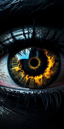 an eye with black and yellow fire, featuring a striking yellow ring in the foreground. this detailed science fiction illustration captures the essence of surrealistic urban landscapes. the dark azure and bronze tones add a mysterious and captivating touch. this national geographic photo showcases a cybermysticsteampunk aesthetic, with mesmerizing reflections and mirroring effects. ai generatedの素材