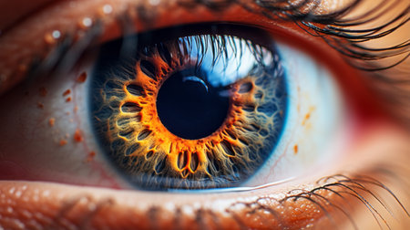 a close-up photo of an orange eye glistening in the sunlight, resembling detailed science fiction illustrations. the eye is a captivating mix of dark azure and beige, creating a photorealistic fantasy. the precision and beauty of this image are astonishing, making it a worthy contest winner. captured with a long lens, every intricate detail is brought to life. ai generatedの素材