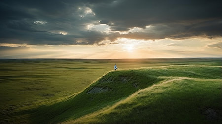 a person walks up to the grassy hill during a captivating sunset. this photo, inspired by the style of nikita veprikov, showcases the majestic and sweeping seascapes. the white and green colors create a mesmerizing prairiecore aesthetic. taken with provia film, this lightbox-worthy image captures the beauty of nature in a documentary-style composition. ai generatedの素材