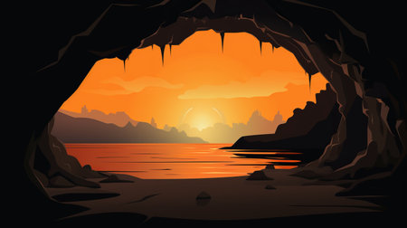 sunset reflecting from the entrance of a cave, showcasing a rocky island. the image is depicted in a linear illustration style, with hues of dark orange and amber. the perspective is flat, highlighting serene seascapes and eroded interiors. the monochrome landscape is complemented by richly detailed backgrounds. ai generatedの素材