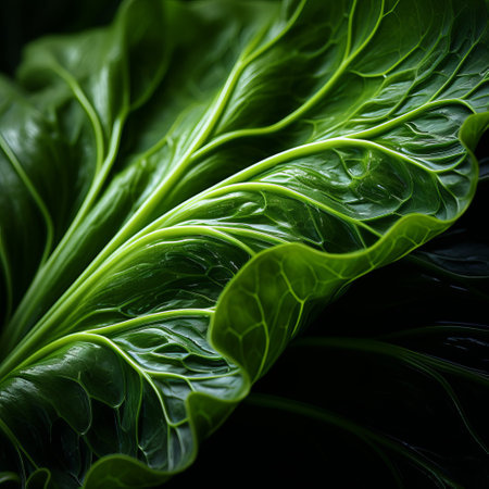 a photo of kale on a black background, captured with the style of the tokina at-x 11-16mm f/2.8 pro dx ii lens. the image showcases organic shapes and curved lines, enhanced with split toning. the eye-catching detail is emphasized by the dramatic lighting. the photo highlights the eco-friendly craftsmanship and precisionist lines of the subject. ai generatedの素材