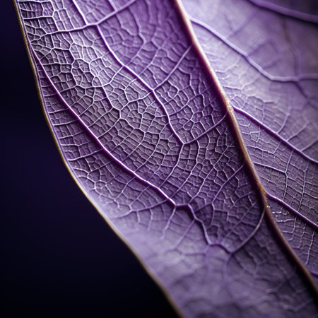 purple leaves on a vibrant purple background captured through macro photography. the fine lines and intricate details of the leaves are beautifully highlighted by the tokina at-x 11-16mm f/2.8 pro dx ii lens. the image showcases layered textural surfaces and luminous shadowing, creating a romanticized depiction of nature's organic material. ai generatedの素材