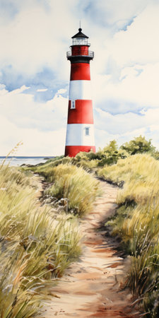 a light house, painted on a grassy slope, captures the essence of dutch seascapes with its perspective rendering. the aquarellist's skill is evident in the silver and red hues, while the sharp attention to detail brings the scene to life. captured with a zeiss ikon zm, this artwork showcases light-filled seascapes. ai generatedの素材