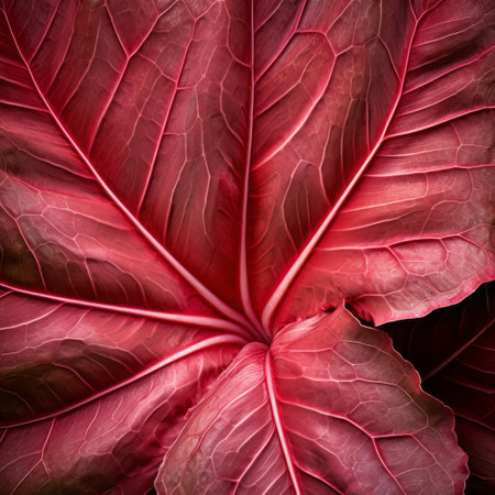 a close-up photo of a black and red leaf, showcasing its intricate details. the dark pink hues add a unique touch to the botanical accuracy captured through scanner photography. the symmetrical arrangements highlight the beauty of this organic material, while softbox lighting enhances the canvas texture emphasis. ai generatedの素材