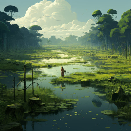 a person stands by the water, in front of a river, in a digital fantasy landscape inspired by the art of the congo and the shang dynasty. the detailed character design adds to the pastoral charm of the scene, creating a unique blend of junglepunk aesthetics. the overall ambiance is calming and immersive. ai generatedの素材