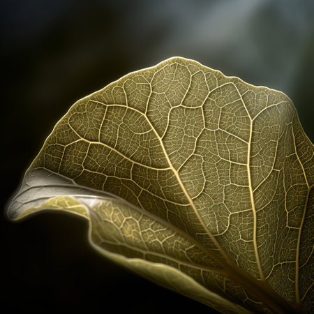 leaves of a plant with dark leaves, showcasing finely rendered textures and photorealistic detailing. captured with the samyang 14mm f2.8 if ed umc aspherical lens, this image beautifully captures the organic architecture of the plant. reminiscent of the danish golden age, the translucent layers of the leaves add an accurate and detailed touch to the composition. ai generatedの素材