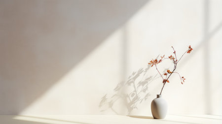 a minimalist ceramic flower holder with a simple flower and leaves sits on a gray tile floor, bathed in sunlight from a nearby window. the vray tracing technique enhances the contemplative and abstract nature of the composition, while the silhouette lighting adds depth and drama. influenced by ancient chinese art, the color palette features light beige and orange tones. this high-resolution image offers a minimalistの素材