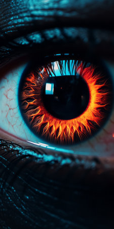 anime flamert eye wallpaper featuring a hyper-detailed rendering in a cyberpunk futurism style. the dark orange and azure colors create a striking contrast. the photorealistic detail of the eye is eerily realistic, showcasing uncanny valley realism. this wallpaper is available in 32k uhd resolution for an immersive viewing experience. ai generatedの素材