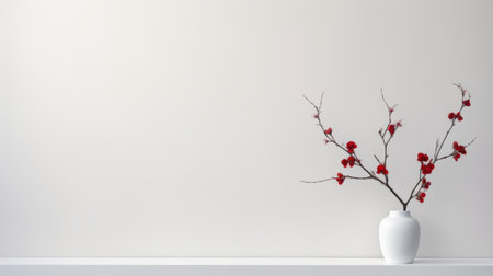 a white vase sits on a counter, filled with vibrant red flowers. this high contrast stock photo captures the essence of minimalist stage designs and zen minimalism. the twisted branches add an intriguing element to the composition. with its 8k resolution, this image is perfect for those who appreciate abstract minimalism. additionally, it can be used for murals and wall drawings. available in 4k resolution.の素材