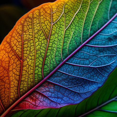 a close-up of a multicolored leaf showcasing photorealistic details. the vibrant and neon colors create a visually striking image. the multi-layered color fields add depth and dimension to the leaf's appearance. with botanical accuracy, the organic contours and nature-inspired forms are beautifully captured in this high-definition image. ai generatedの素材