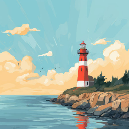 a red lighthouse stands proudly on the ocean shore, surrounded by vibrant illustrations of light sky-blue and beige. the vibrant colors of nature, including the sunrays shining upon it, create a captivating scene. this picturesque depiction showcases the beauty of norwegian nature and its colorful drawings. ai generatedの素材