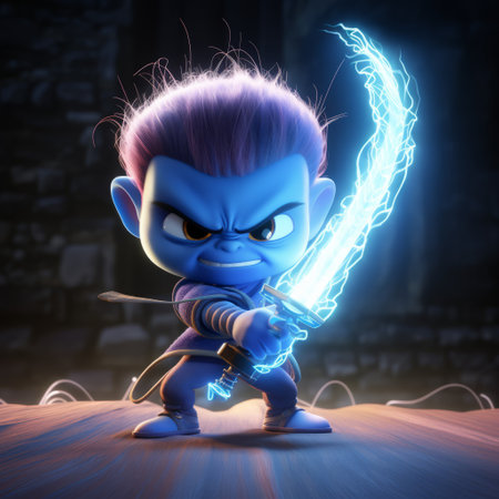 a smurf, an animated character from the popular franchise, is depicted in this image. rendered in the style of cinema4d, the smurf is seen wielding a sword with a strong facial expression. the artwork by jeremiah ketner and bill gekas showcases contrasting lights and darks, creating a captivating visual. the addition of glowing neon elements adds an intriguing touch to the overall composition. ai generatedの素材