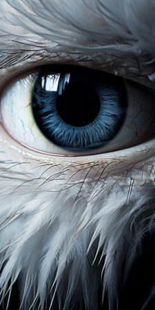 the close-up photo captures the eye of an eagle, showcasing surrealistic elements with a blend of light indigo and white. the image, found on flickr, presents evocative environmental portraits and an eerily realistic depiction. the fine feather details are highlighted, creating a realistic still life with dramatic lighting. ai generatedの素材