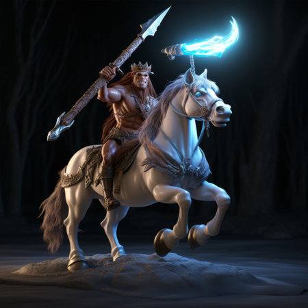 a statue of a king on a horse, wielding a sword, showcases a luminous 3d design. this captivating sculpture combines elements of mythological storytelling, daz3d, and cartoon-like characters. the light white color adds to its ethereal appeal, while the use of zbrush and dynamic energy brings the statue to life. ai generatedの素材