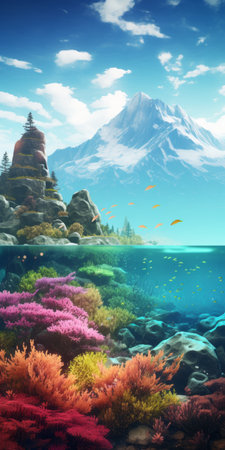 a stunning coral landscape featuring majestic mountains and vibrant colors, reminiscent of photorealistic detailing and storybook illustrations. this immersive environment captures the essence of reefwave and whistlerian styles, with calm waters adding to its serene beauty. ai generatedの素材