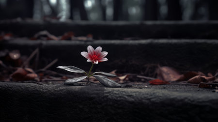 a single red flower emerges from a cluster of rocks, creating a striking contrast against the light pink and dark gray backdrop. this captivating image, captured with the samyang af 14mm f2.8 rf lens, tells a narrative-driven story of a mysterious jungle. the escher-inspired composition and color splash of light silver and red add an intriguing touch to this visually captivating scene. ai generatedの素材