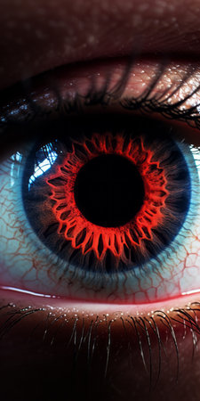 a close-up of a large eye featuring vibrant flames within, resembling realistic anatomies. the eye is predominantly light black and red, created using photobashing techniques. the image showcases a striking contrast between light and shadow, with a high-definition resolution. the colors of the eye are dark azure and red, reminiscent of illustrations found in the necronomicon. ai generatedの素材
