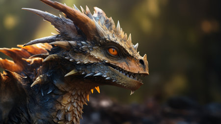 a large dragon with imposing teeth is depicted in this eye-catching photo. rendered in the style of unreal engine, the dragon appears in dark silver and light orange hues. the shallow depth of field and tilt-shift lenses create a captivating composition. the varied brushwork techniques and macro photography highlight intricate details of the dragon's features. ai generatedの素材