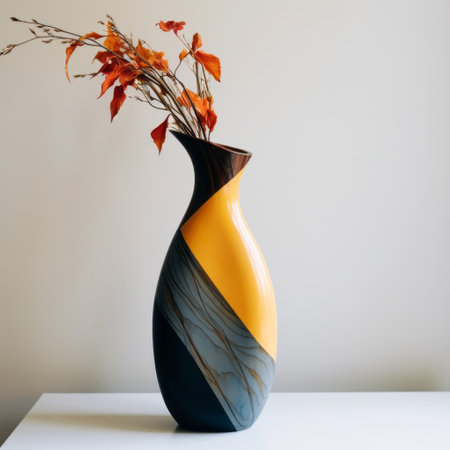 glass vase with black and gray colors, featuring a dark yellow and dark orange style. the ominous vibe is enhanced by detailed foliage in dark cyan and beige. the vase is made of wood with striped arrangements, creating a captivating visual effect. the low depth of field adds depth and intrigue to the composition. ai generatedの素材