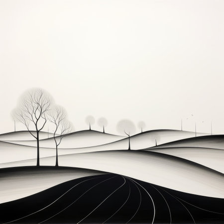 black and white illustration featuring trees in the grass, showcasing layered and atmospheric landscapes. the artwork embodies elements of minimalist sculpture, hard edge painting, and curvilinear design. it also incorporates the charm of paper sculptures, depicting idyllic rural scenes within expansive landscapes. ai generatedの素材