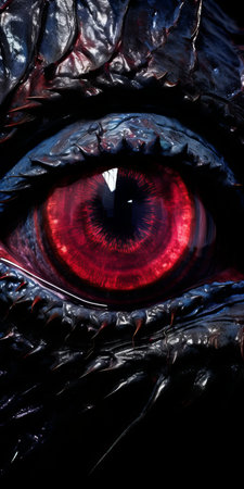 a close-up of a dragon eye, featuring a vivid red iris, in the hauntingly beautiful style of cryengine. this ultra-high-definition image showcases the intricate details of the eye, with a mesmerizing blend of dark blue and crimson hues. created using daz3d, this realistic avian-themed illustration captivates with its attention to detail. ai generatedの素材